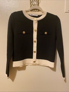 ZARA Black Cardigan with Cream Trim and Gold Buttons. Cropped